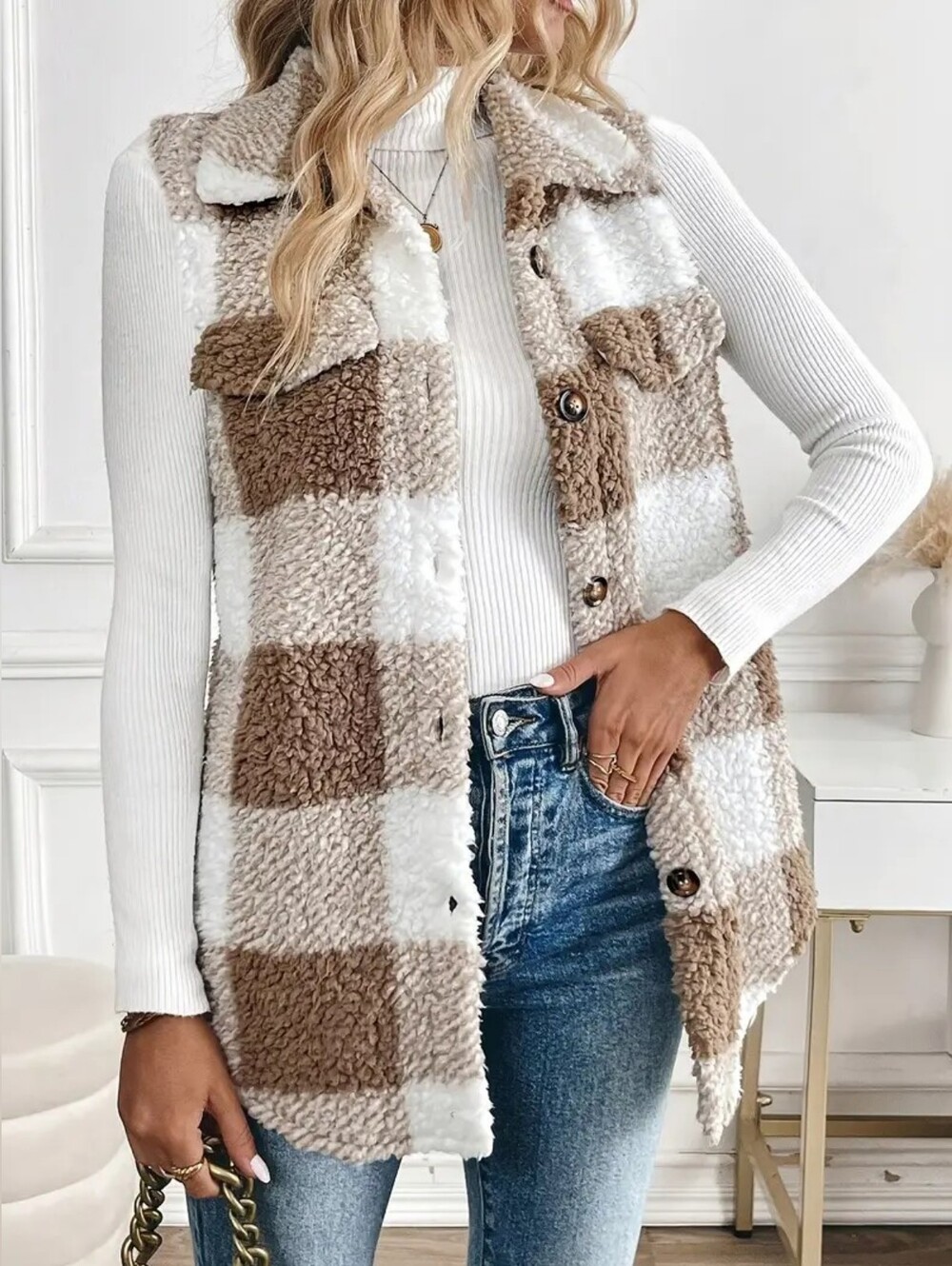 Cozy Plaid Sherpa Button Vest Size Small
